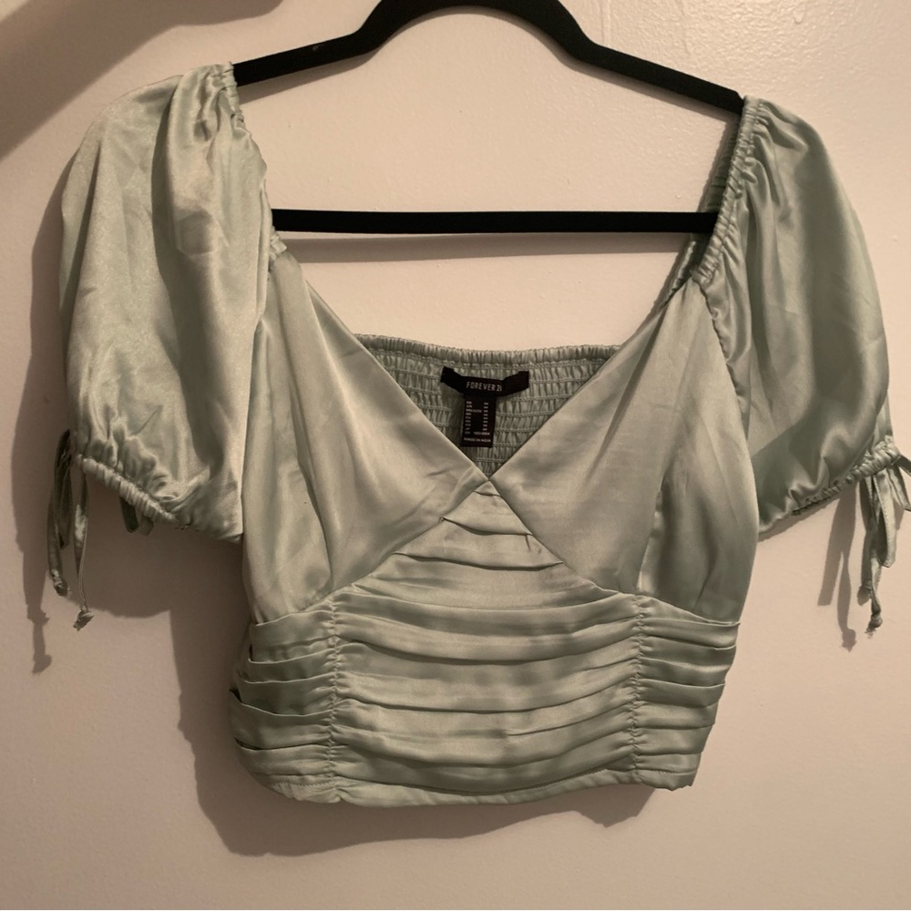 Satin green puff sleeve crop top